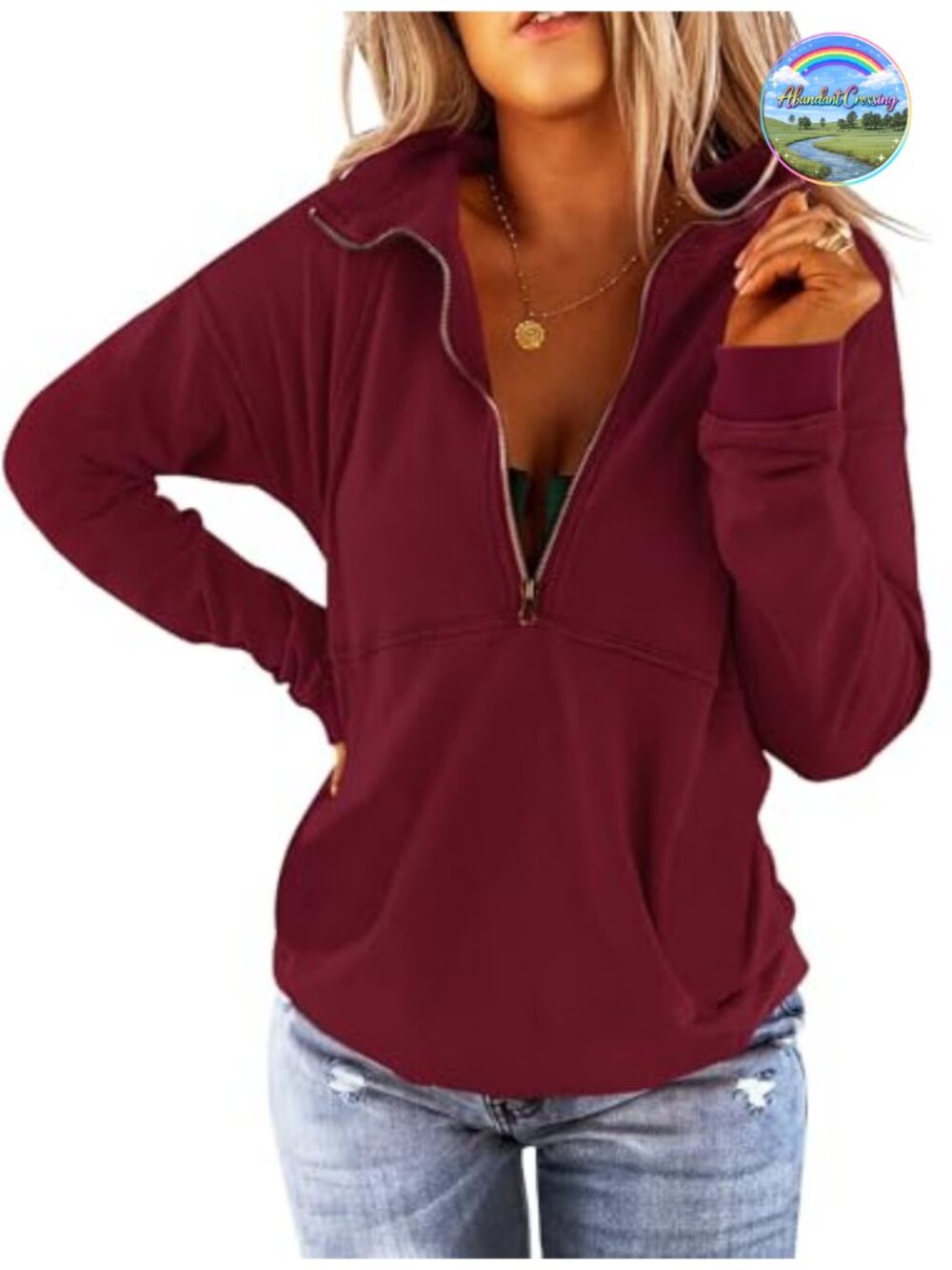Women's Long Sleeve Half Zip Lapel Sweatshirt Loose Fit Casual Pullover
